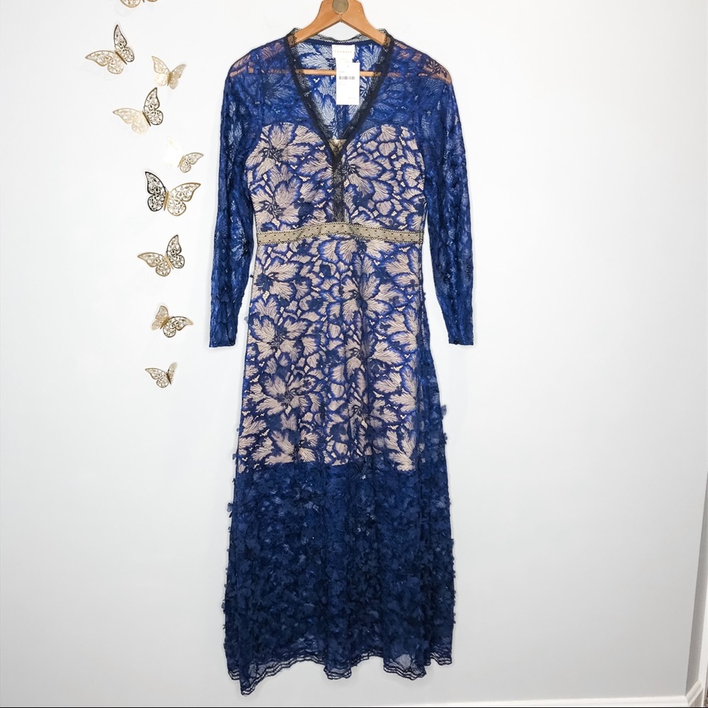 🦋🌙 NWT FOXIEDOX x ANTHROPOLOGIE | Elegant Deep Blue Lace Dress - Picture 3 of 16